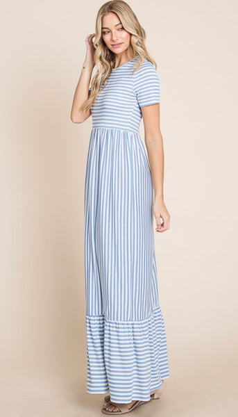 Sky Blue Stripe Ruffle Hem Maxi Dress