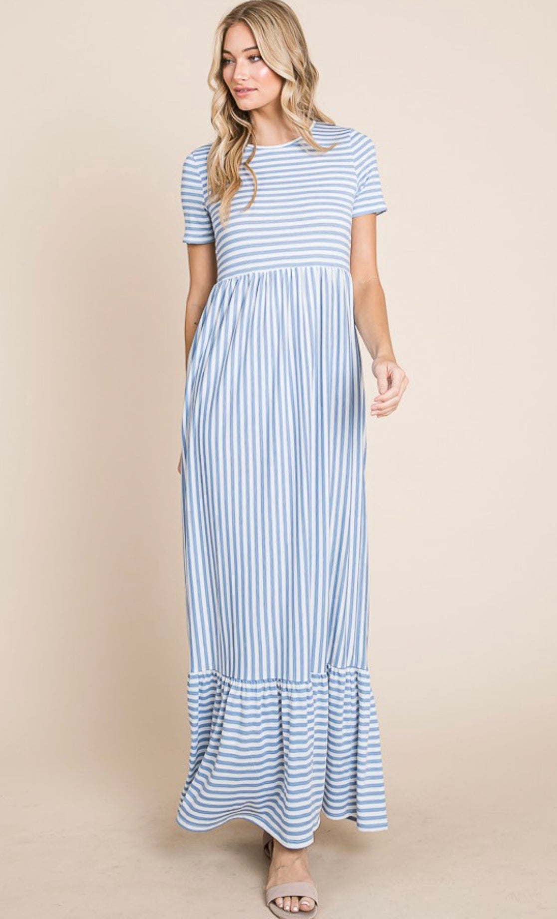 Sky Blue Stripe Ruffle Hem Maxi Dress