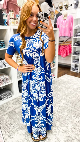 Blue White Boho Print Maxi Dress