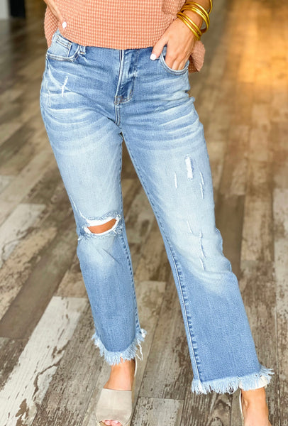 RISEN Straight Leg Distressed Crop Jean