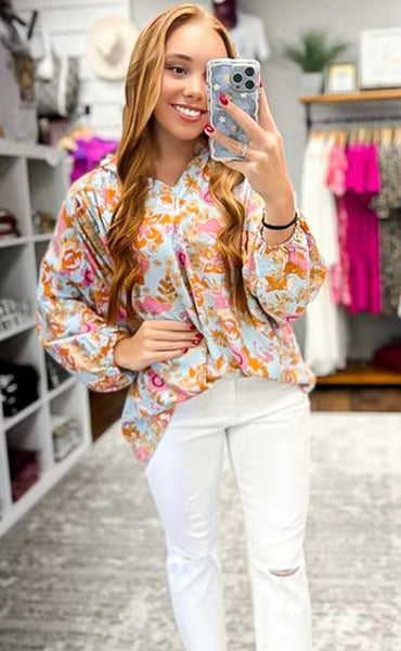 Sky Blue & Hot Pink Floral Balloon Sleeve Top