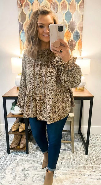 Taupe Ruffle Leopard Tiered Balloon Sleeve Top