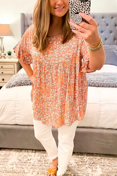 Coral Ruffle Sleeve Floral Babydoll Top