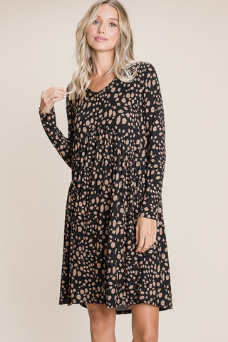 Black & Camel Specked Long Sleeve Babydoll Dress