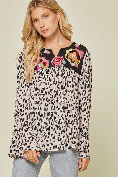 Leopard Embroidered Bell Sleeve Top