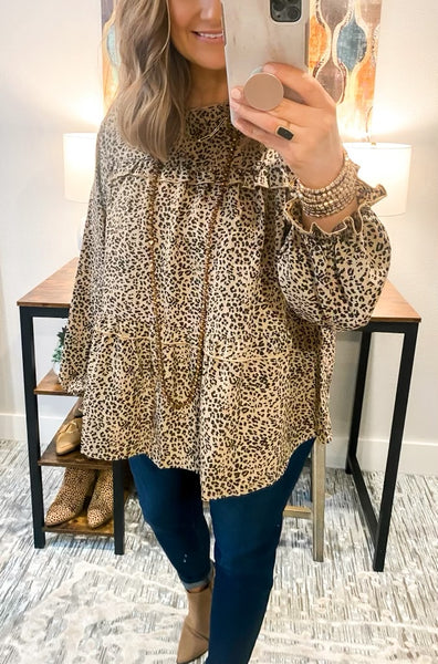 Taupe Ruffle Leopard Tiered Balloon Sleeve Top