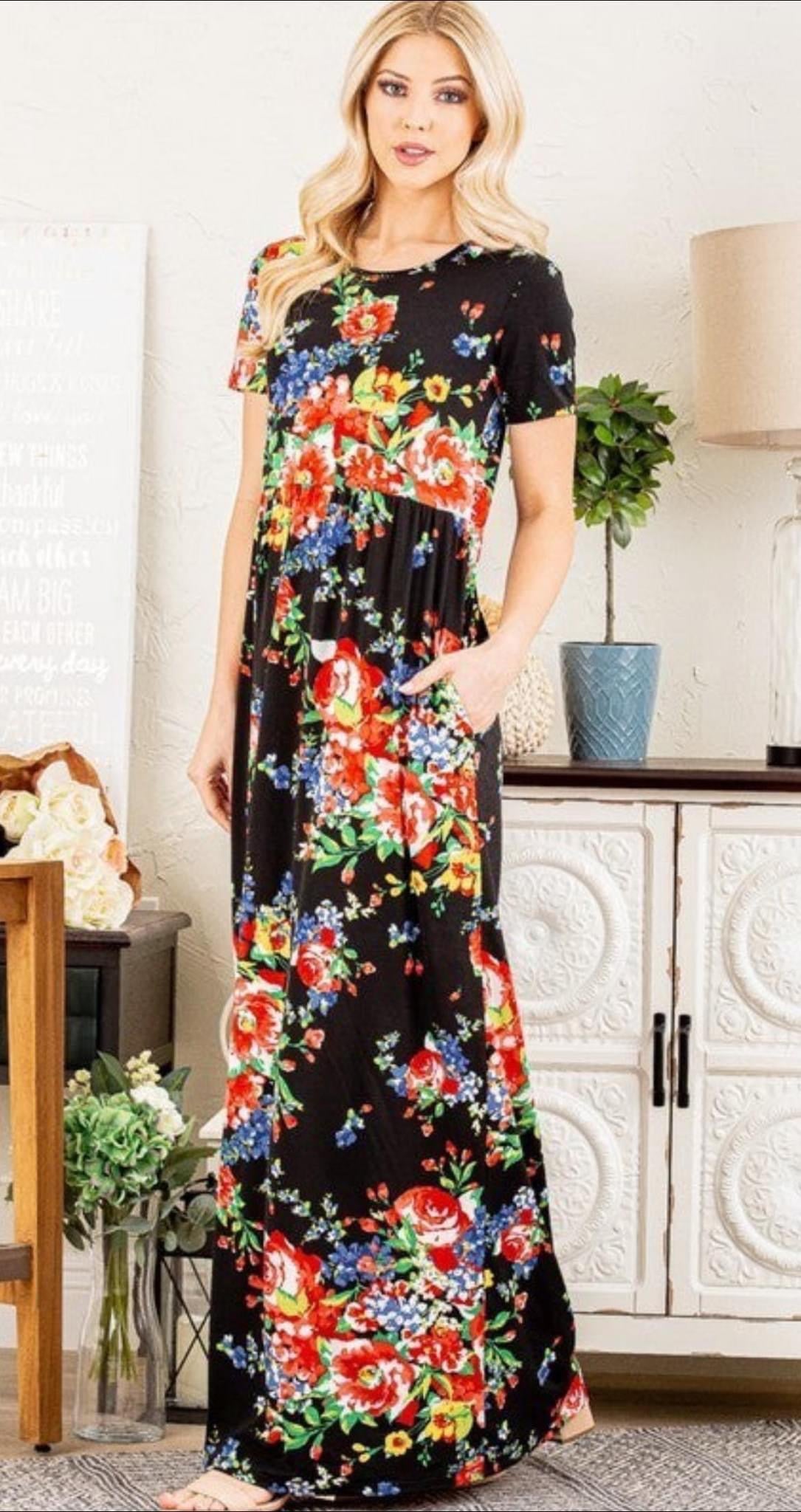 Black Multi Floral Short Sleeve Maxi Dress