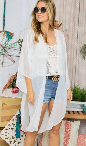 White Solid Sheer Kimono Cover Up