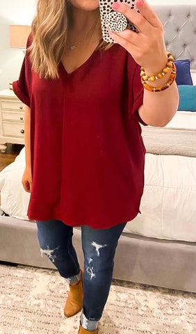 Burgundy Favorite Woven Essential V Neck Top