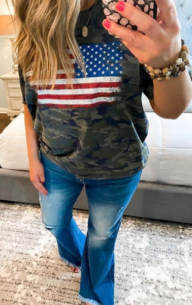 Camo Distressed American Flag Tee