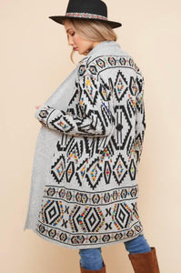 Grey Multi Aztec Print Sweater Cardigan