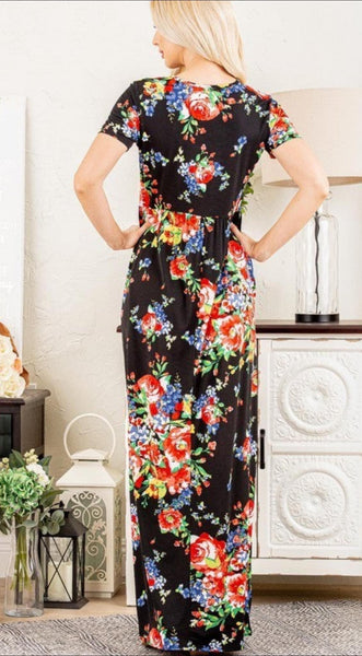 Black Multi Floral Short Sleeve Maxi Dress