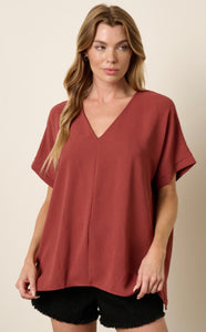 Red Brown Favorite Woven Essential V Neck Top