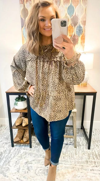 Taupe Ruffle Leopard Tiered Balloon Sleeve Top