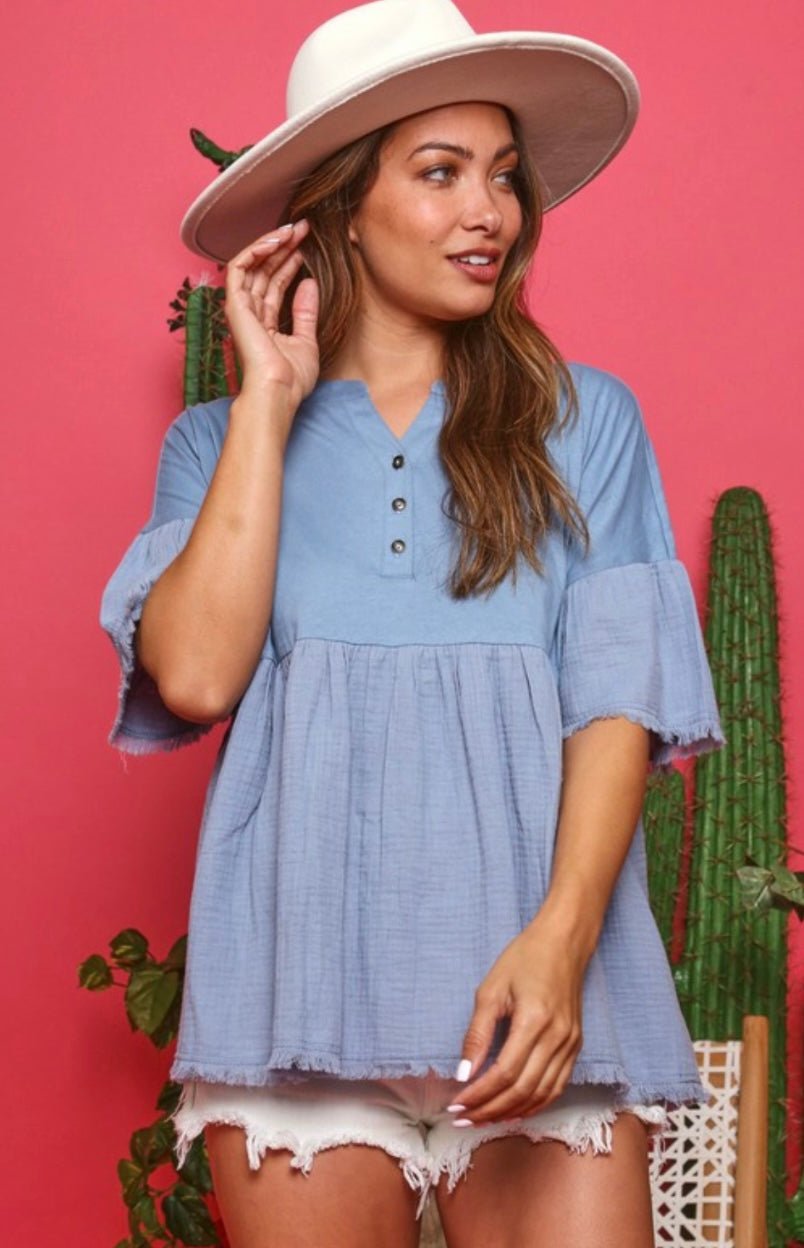 Blue Henley Contrast Button Detail Babydoll Top