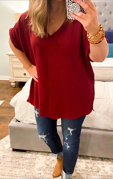 Burgundy Favorite Woven Essential V Neck Top