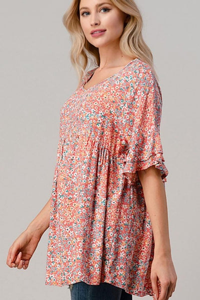 Coral Ruffle Sleeve Floral Babydoll Top