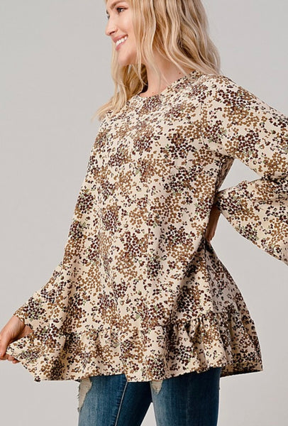 Natural Floral Ruffle Sleeve Top