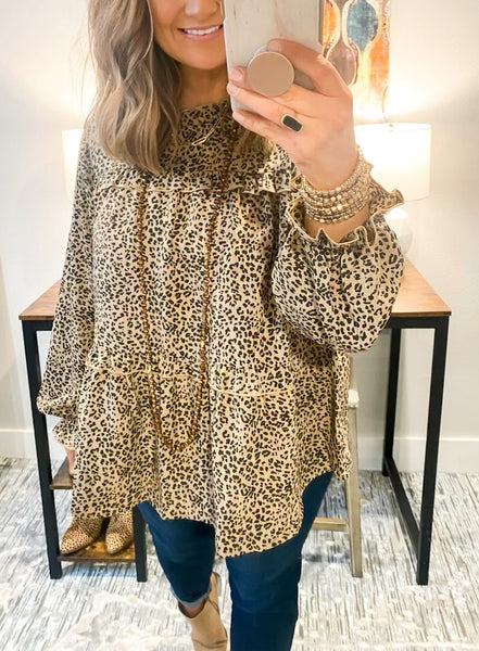 Taupe Ruffle Leopard Tiered Balloon Sleeve Top