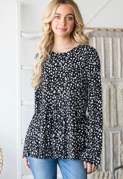Black Dotted Ruffle Tiered Long Sleeve Top
