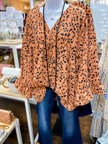 Hilton Dotted Leopard Bell Sleeve Top