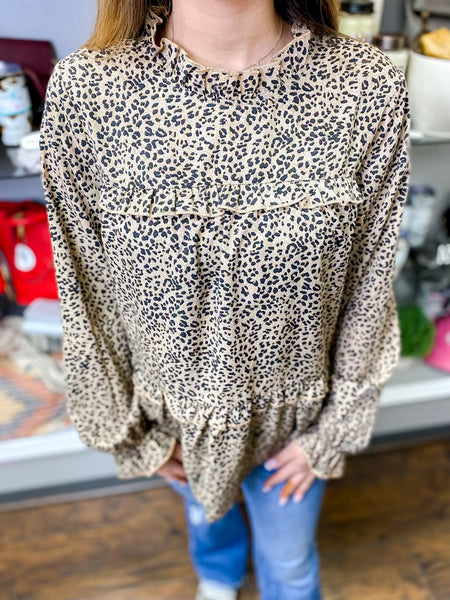 Taupe Ruffle Leopard Tiered Balloon Sleeve Top