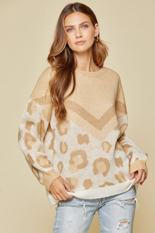 Beige Colorblock Leopard Knit Sweater