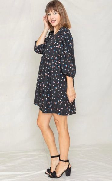 Black Woven Floral Abstract Print Dress
