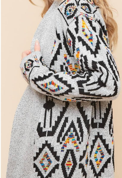 Grey Multi Aztec Print Sweater Cardigan