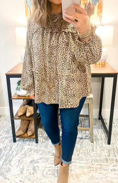 Taupe Ruffle Leopard Tiered Balloon Sleeve Top