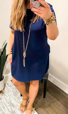 Navy Cuff Sleeve Shift Dress