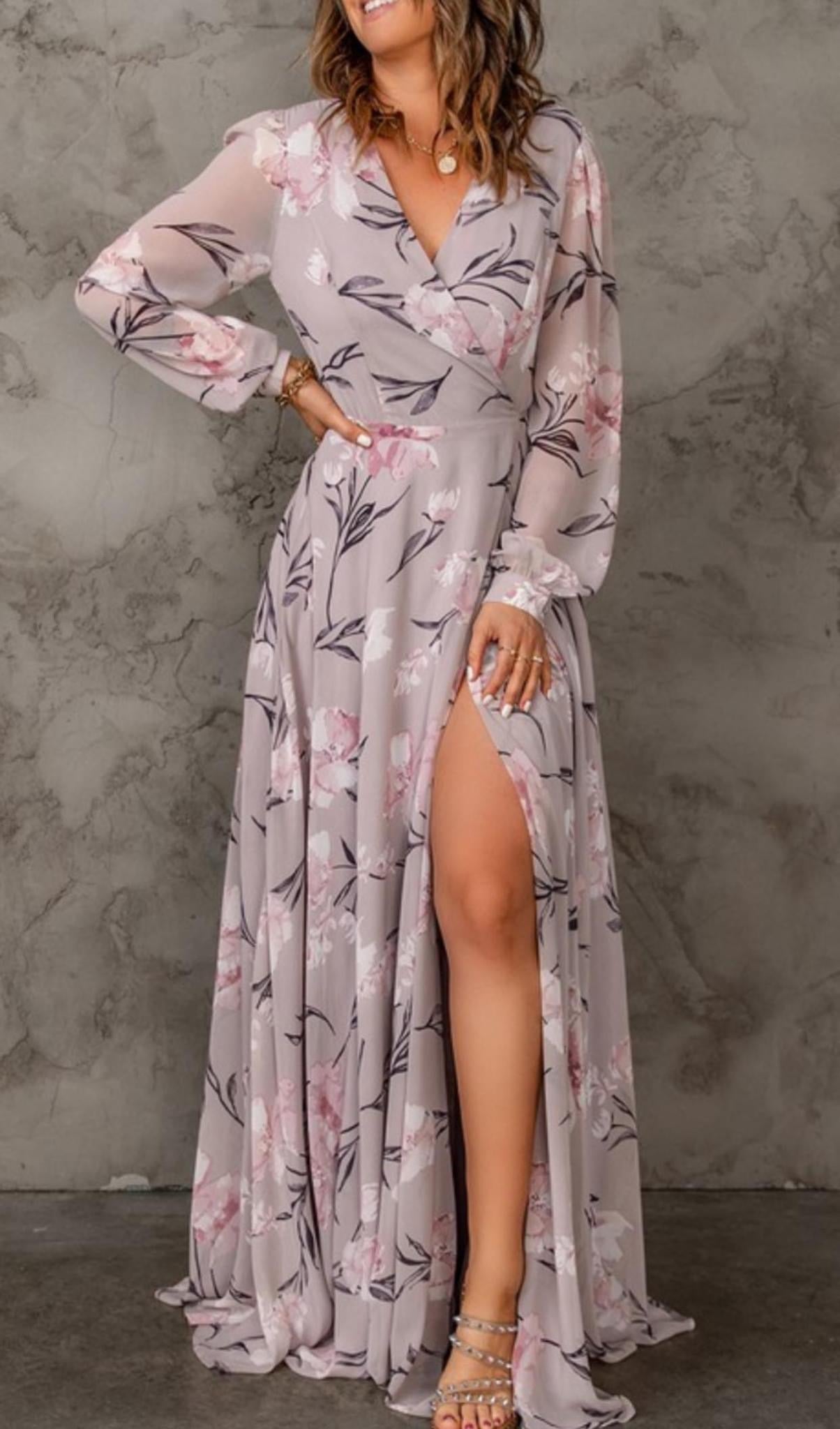 Smoky Grey Floral Wrap Maxi Dress