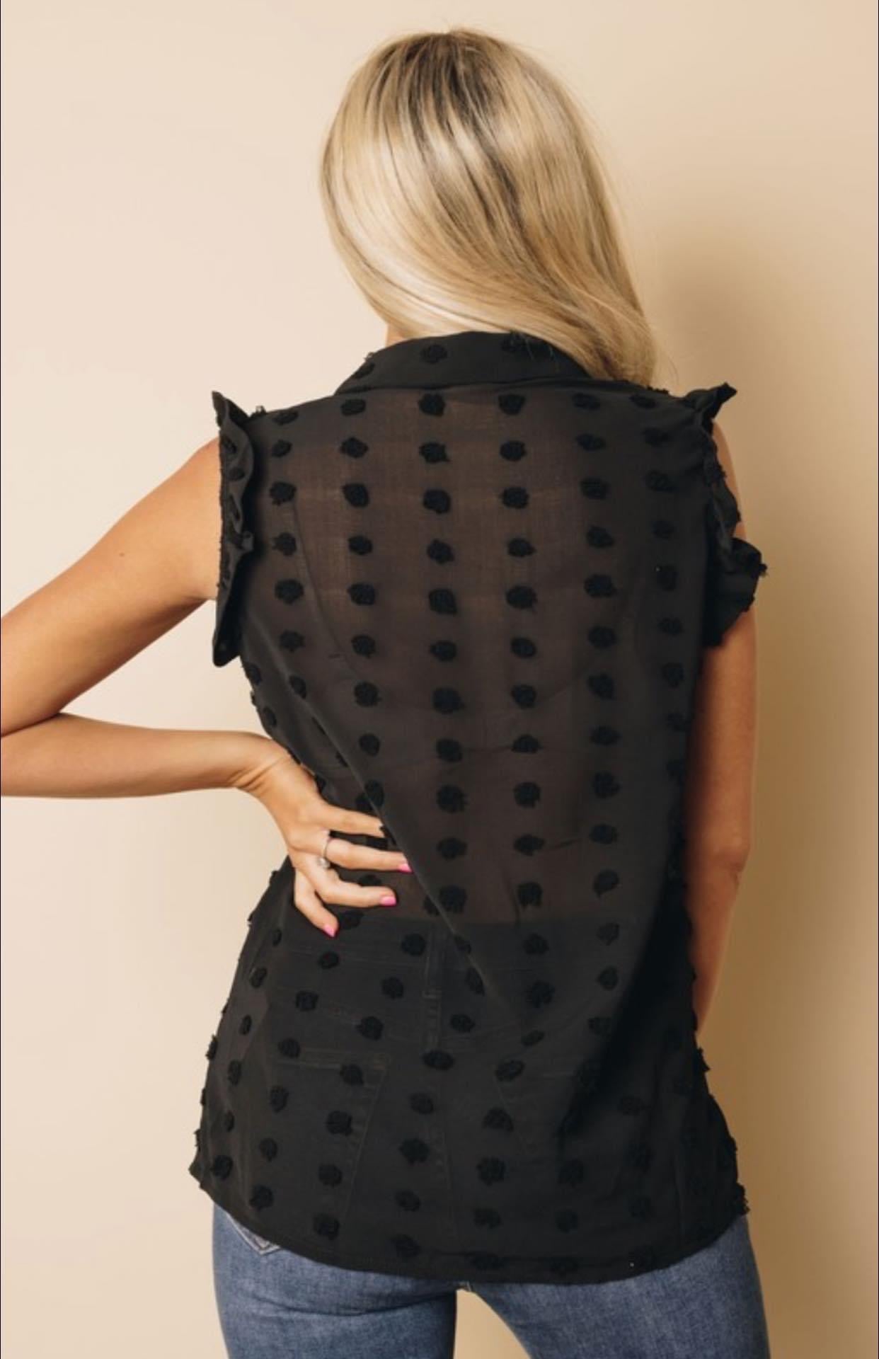 Collared Swiss Dot Button Down Top Black