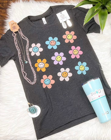 Multi Daisy Print Smiley Tee Heather Black