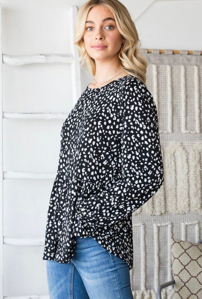 Black Dotted Ruffle Tiered Long Sleeve Top
