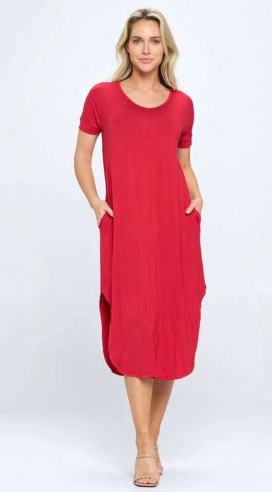 Red Solid Curved Hem Tee Shirt Dress