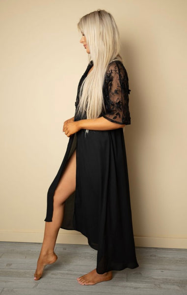 Black Floral Lace Crochet Open Front Duster