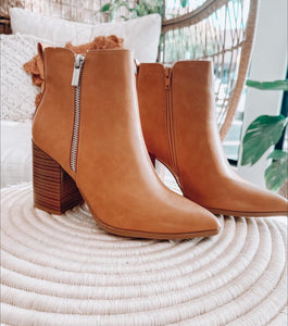 Rigid Camel Stacked Heel Bootie