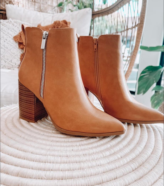 Rigid Camel Stacked Heel Bootie