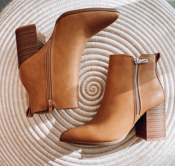 Rigid Camel Stacked Heel Bootie