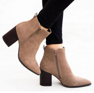 Rigid Taupe Stacked Heel Bootie