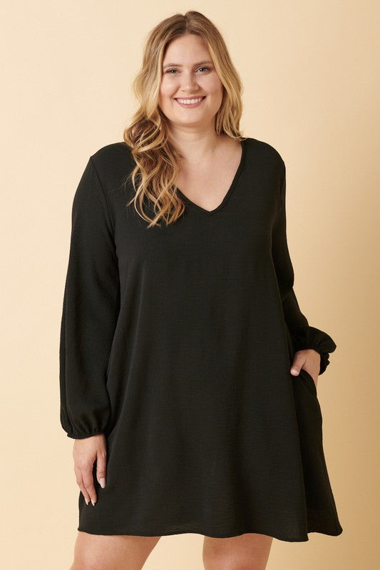 Black V Neck Balloon Sleeve Dress