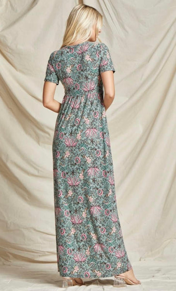 Sage Floral Short Sleeve Maxi Dress