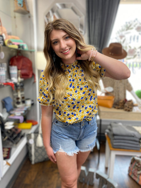 Floral Frilly Top Blue Yellow