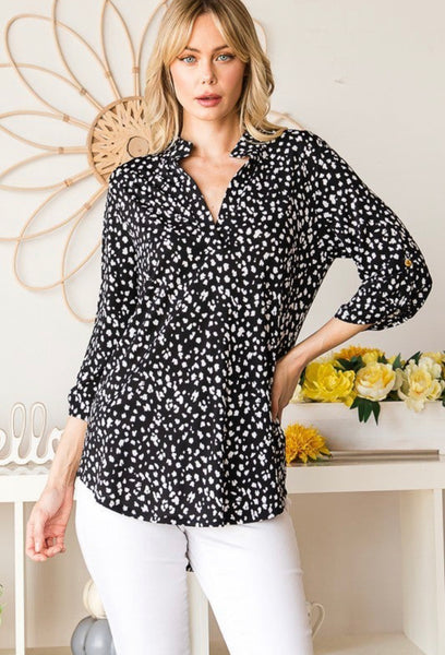 Black Ivory Leopard Dotted Collar Top