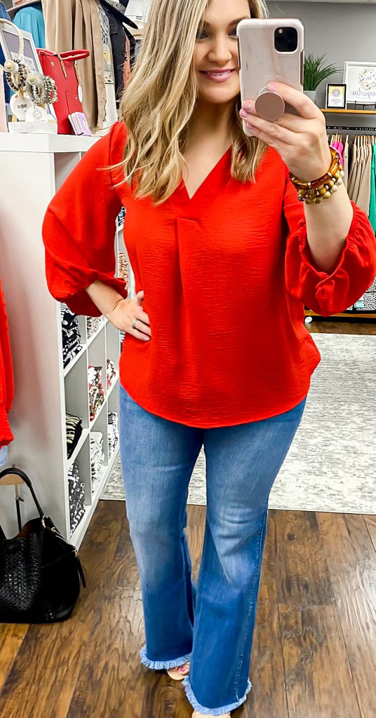 Woven Solid Balloon Sleeve Top Red