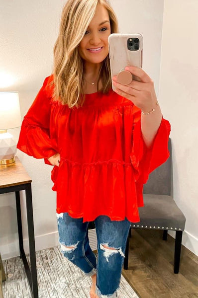 Red Pleated Ruffle Tiered Top