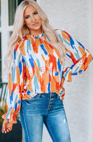 Multi Color Balloon Sleeve Top