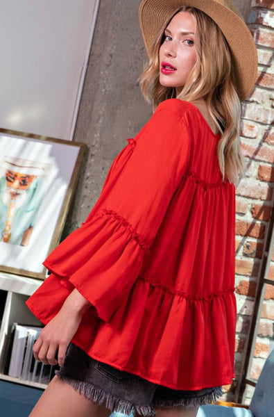 Red Pleated Ruffle Tiered Top