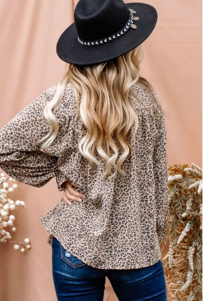 Taupe Ruffle Leopard Tiered Balloon Sleeve Top